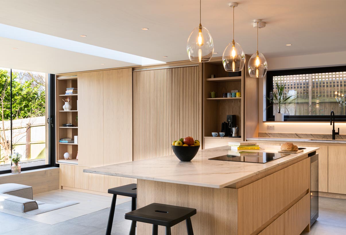 open plan sunken lounge kitchen island coffee nook