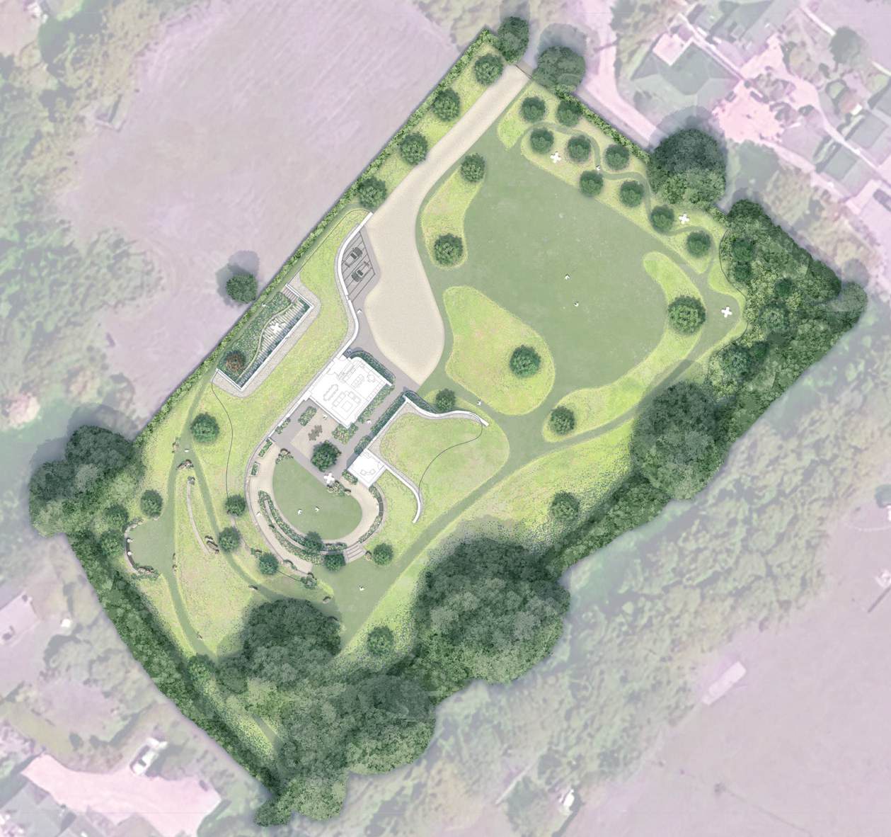 From the village, the building appears calm and familiar: a simple two-storey form with pitched roofs that echo nearby houses and agricultural buildings. As the site falls away, the home opens out, with single-storey wings tucked into the slope and green roofs dissolving into planting. Stone walls rise from the contours of the land, reading first as extensions of the existing quarry walls before becoming the fabric of the house itself. Inside and outside are deeply connected. Large openings frame long views, while paths, seating, meadow planting and fruit trees encourage year-round family exploration and adventure in the landscape. 