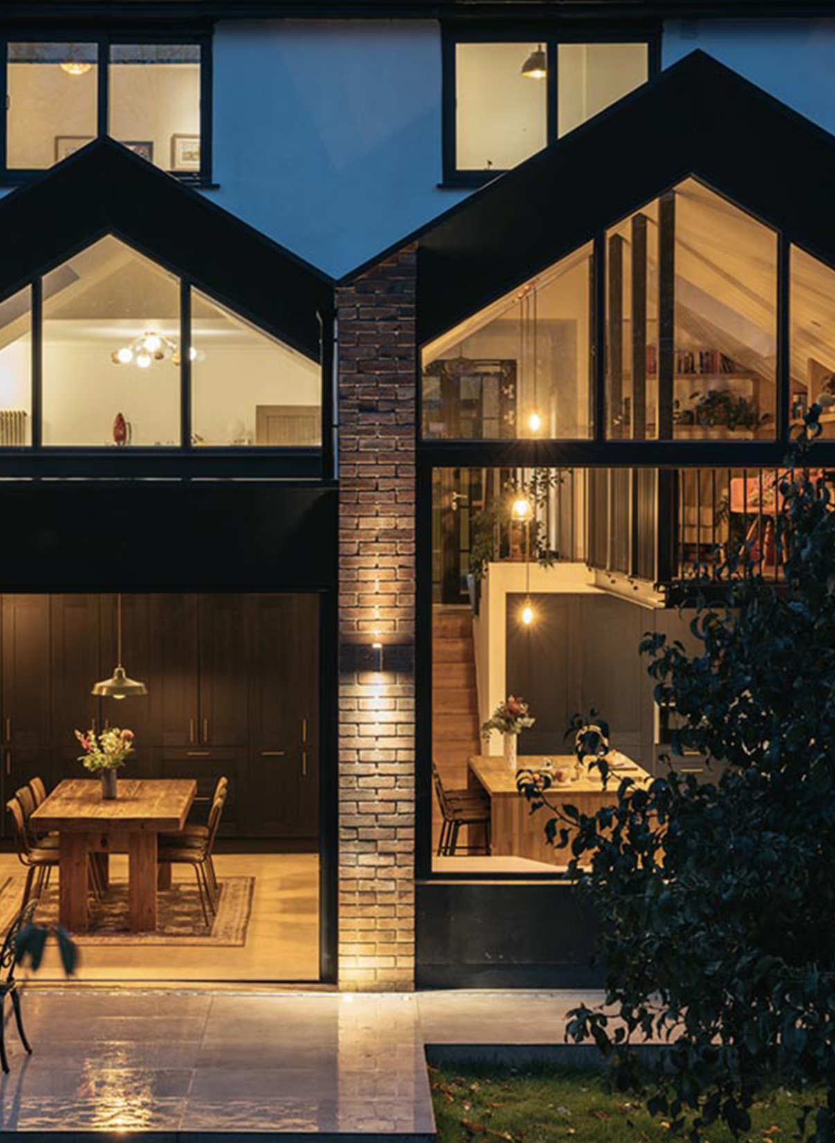 Architect, bookcase, brick, contemporary, curtains, design, dining space, double storey extension, extension, framed view, interior, joinery , landscaping, light, light filled, materials, natural light, nature, pocket doors, refurb, refurbishment, sliding door, space, sustainable, tiered, tiered landscaping, timber, two storey extension, view 