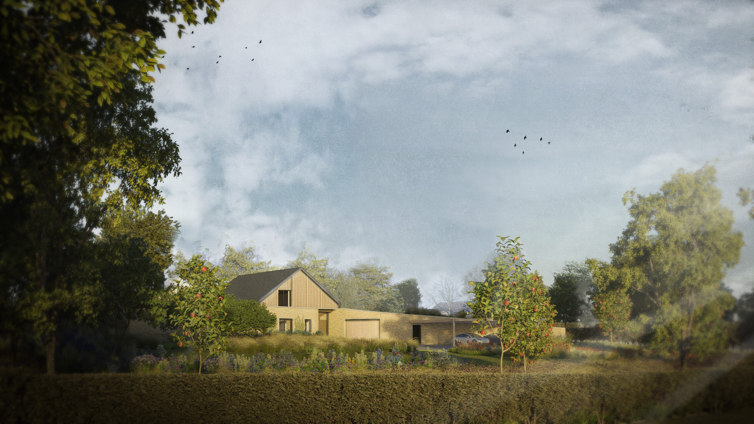 From the village, the building appears calm and familiar: a simple two-storey form with pitched roofs that echo nearby houses and agricultural buildings. As the site falls away, the home opens out, with single-storey wings tucked into the slope and green roofs dissolving into planting. Stone walls rise from the contours of the land, reading first as extensions of the existing quarry walls before becoming the fabric of the house itself. Inside and outside are deeply connected. Large openings frame long views, while paths, seating, meadow planting and fruit trees encourage year-round family exploration and adventure in the landscape. 